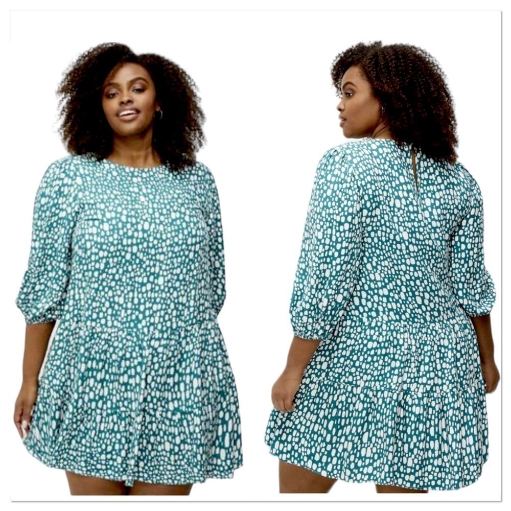 Eloquii Elements Tiered Balloon Sleeve Easy Dress In Green Spotted Print